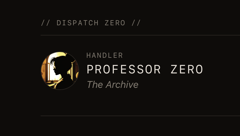 Dispatch Zero mission card: handler Professor Zero of The Archive