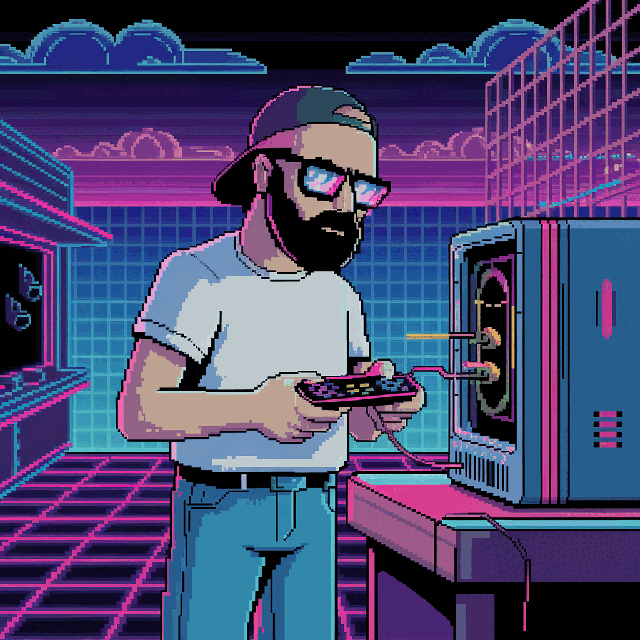8-bit pixel-art portrait of Trevor Johnson — backwards cap, sunglasses, game controller, CRT monitor